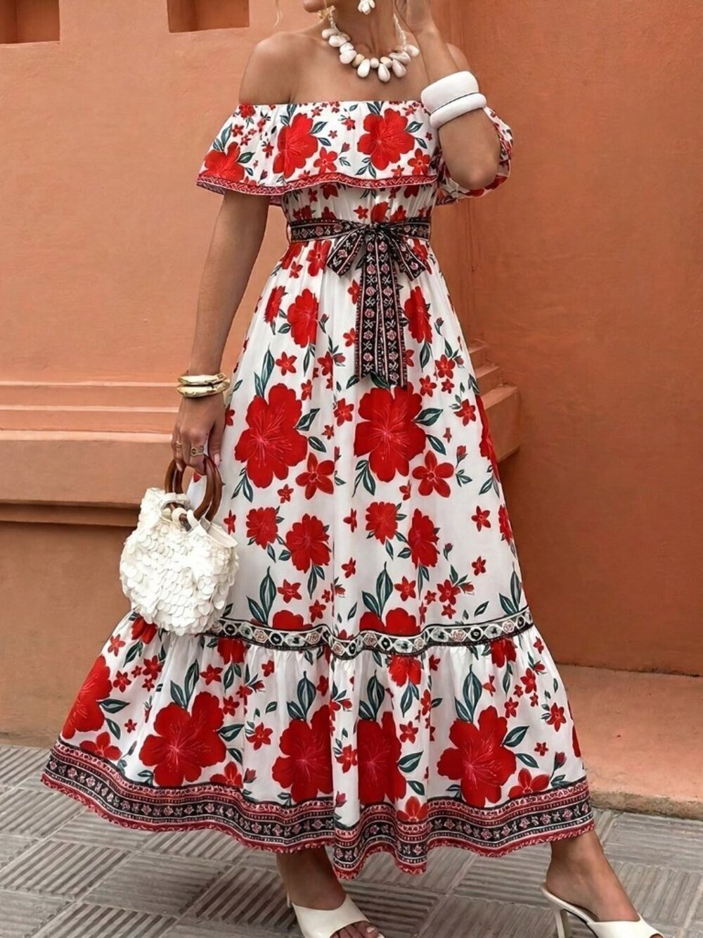 Multicolor Casual Women's Ruffle Neck Maxi Dress with Cinched Waist A-Line